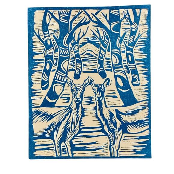 Blue Folk Art Deer Print | Whimsical Forest Scene | 14x11 Canvas Board - Picture 1 of 3